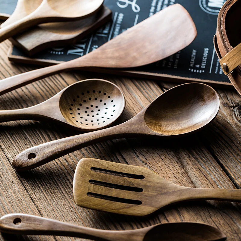 Acacia Wooden Kitchen Utensils Set – Spoons, Holder & Spoon Rest 9-Piece