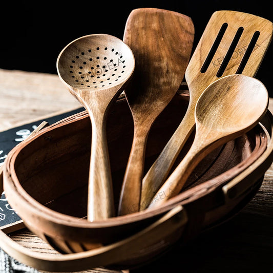 Acacia Wooden Kitchen Utensils Set – Spoons, Holder & Spoon Rest 9-Piece