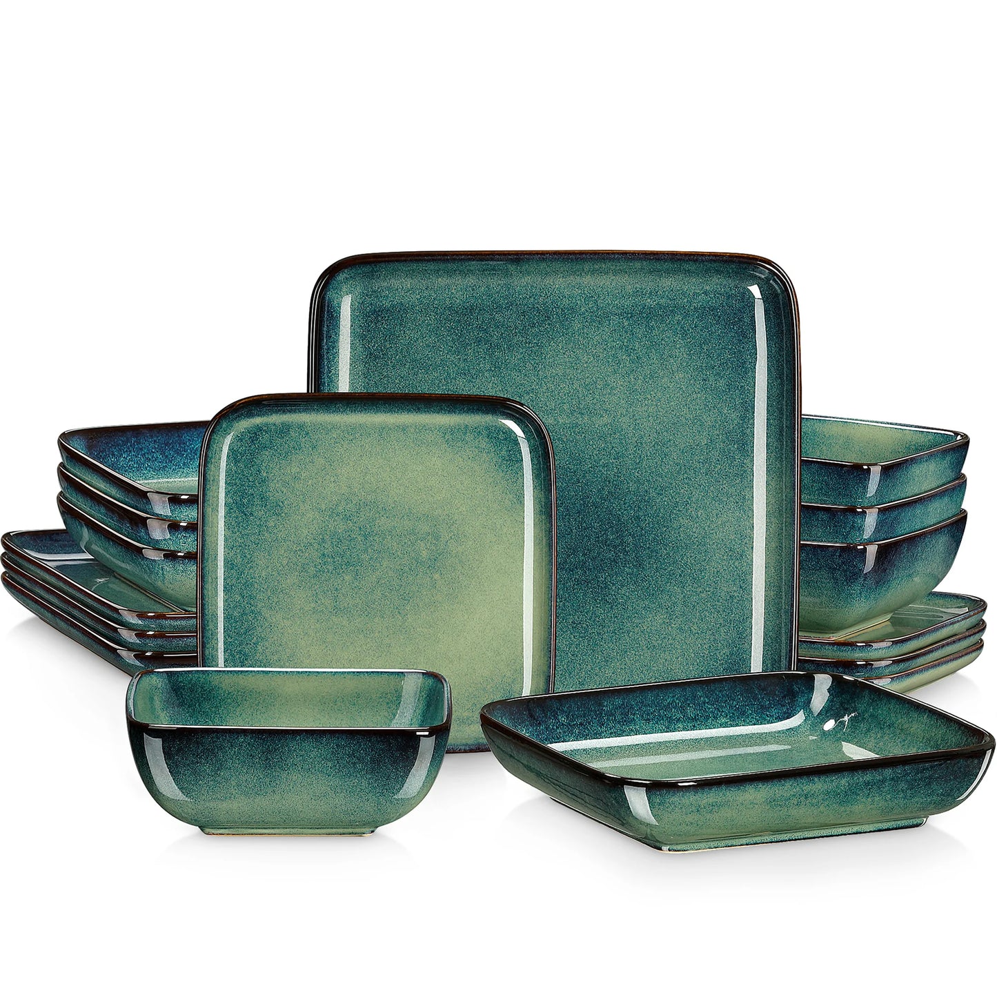 Dinnerware Set Handcrafted Ceramic 16-Piece – Green, Blue and White with Red