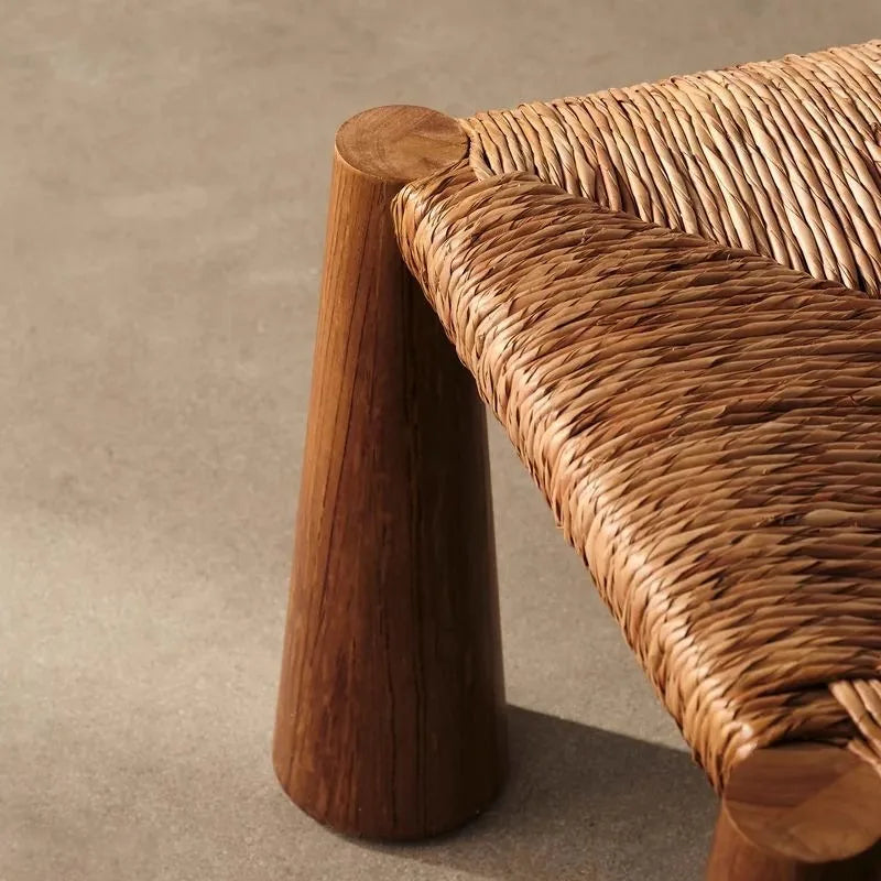Solid Wood Chair with Raffia Seat - Vintage Boho Rattan Armchair