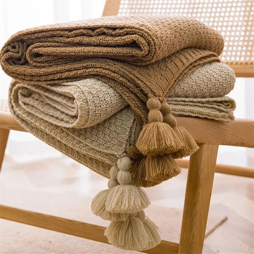 Boho Chunky Knit Throw Blanket with Tassels – Sand, Brown & Grey