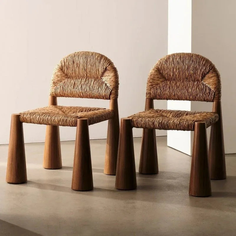 Solid Wood Chair with Raffia Seat - Vintage Boho Rattan Armchair