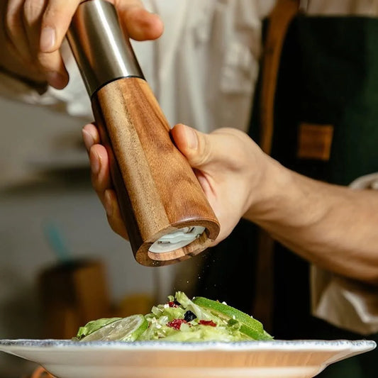 Acacia Wood Mill & Shaker Set | Brass Detail