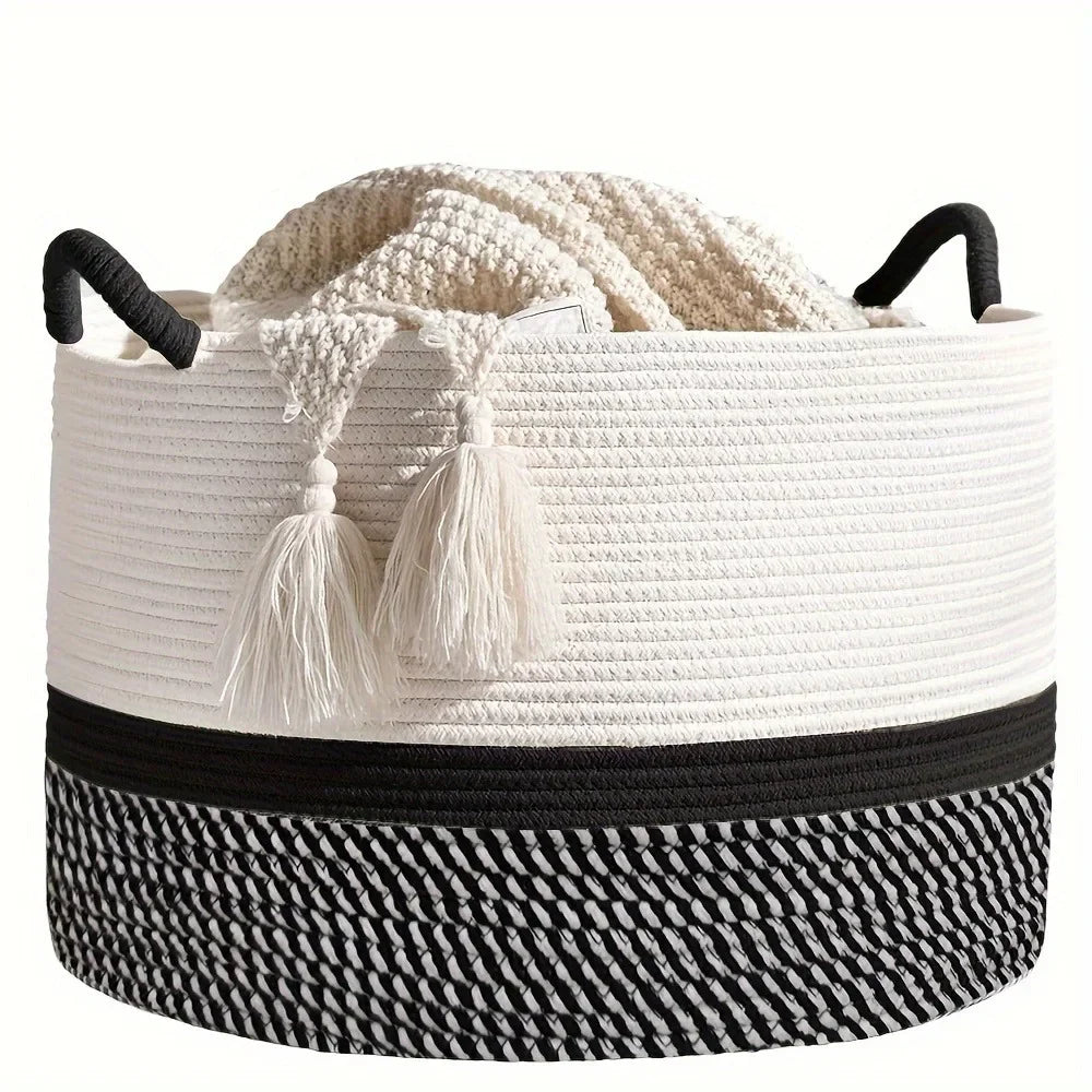 Cotton Rope Storage Basket – Woven Blanket & Laundry Organizer for Living Room