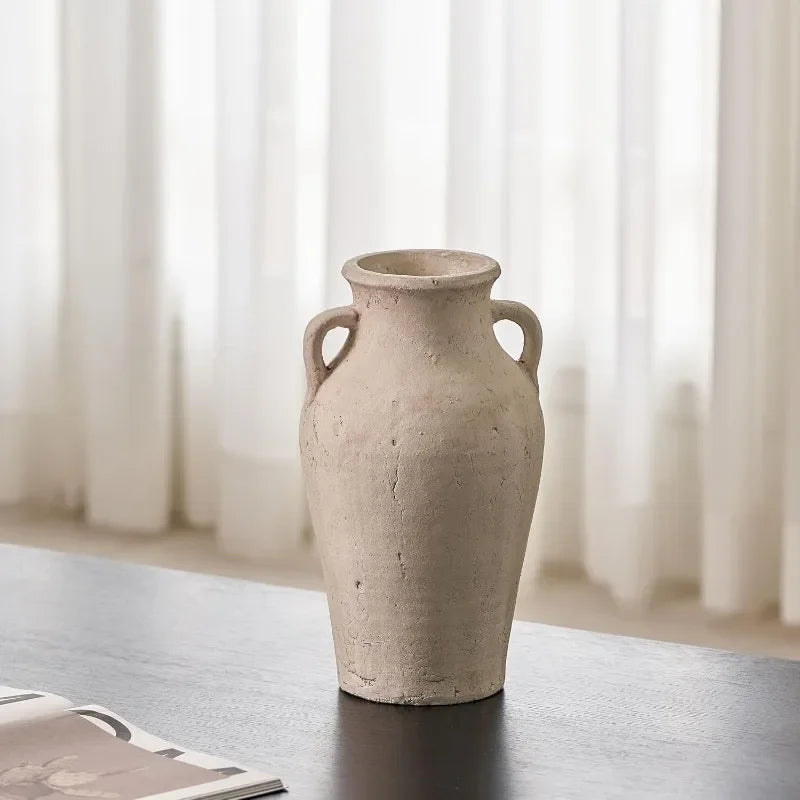 Large Rustic Handmade Ceramic Vase – Minimalist Beige Terracotta Vase with Distressed Finish