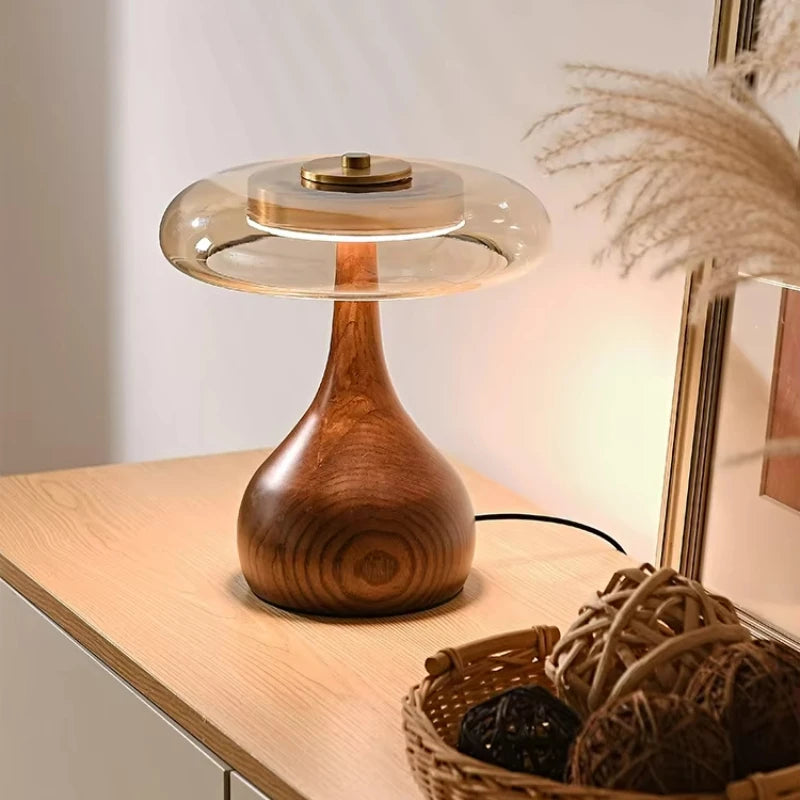 Retro Wooden Desk Lamp with Glass Shade – Warm Light Bedside & Table Lamp
